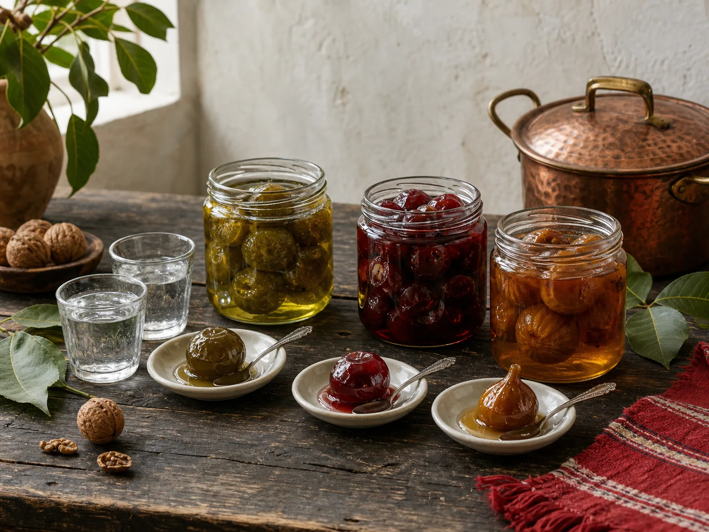 Gliko qershie të thartë ngjyrë rubini mes ëmbëlsirave tradicionale me fruta të plota
